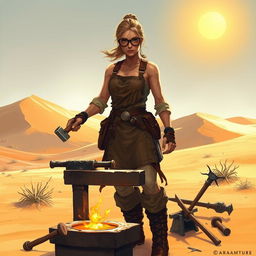An artistic depiction of a female desert smith, standing confidently in a sun-drenched desert landscape