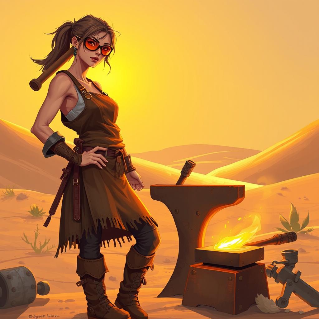 An artistic depiction of a female desert smith, standing confidently in a sun-drenched desert landscape