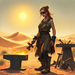 An artistic depiction of a female desert smith, standing confidently in a sun-drenched desert landscape