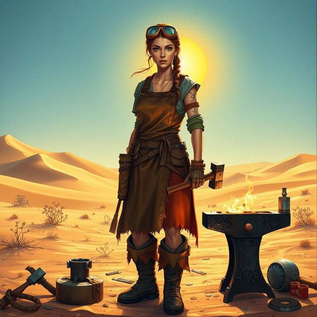 An artistic depiction of a female desert smith, standing confidently in a sun-drenched desert landscape