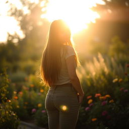 A person standing with their back turned, in a serene outdoor setting