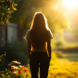A person standing with their back turned, in a serene outdoor setting