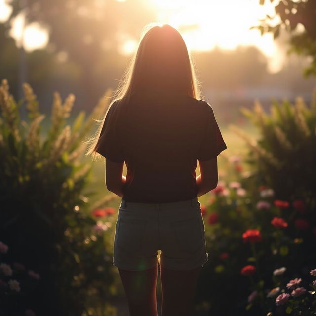 A person standing with their back turned, in a serene outdoor setting