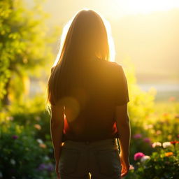 A person standing with their back turned, in a serene outdoor setting