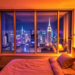 A cozy, warmly lit bedroom with a large window showing a breathtaking view of a vibrant city at night, sparkling with countless lights