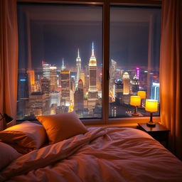 A cozy, warmly lit bedroom with a large window showing a breathtaking view of a vibrant city at night, sparkling with countless lights