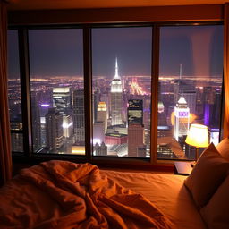 A cozy, warmly lit bedroom with a large window showing a breathtaking view of a vibrant city at night, sparkling with countless lights