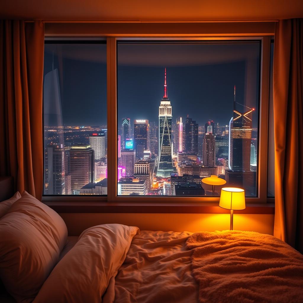 A cozy, warmly lit bedroom with a large window showing a breathtaking view of a vibrant city at night, sparkling with countless lights