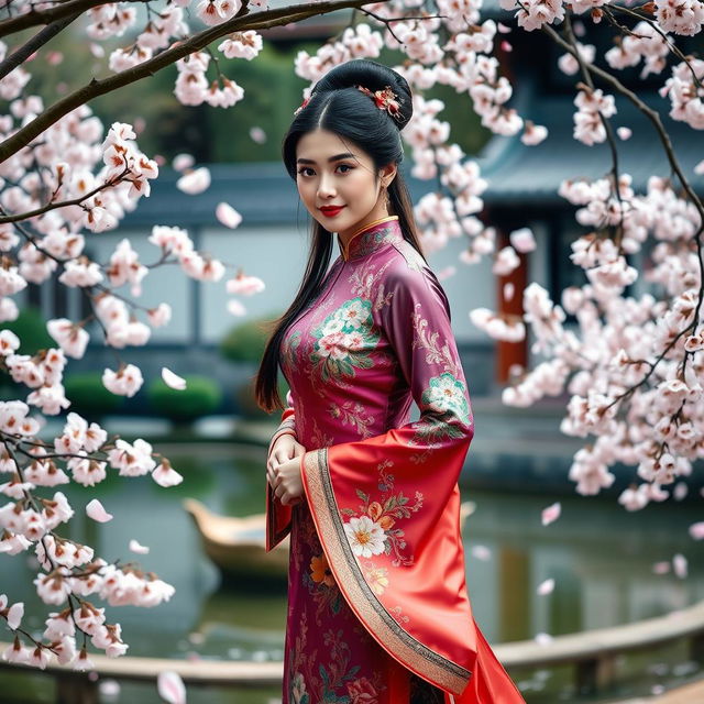 An elegant woman elegantly poised in a beautifully detailed Chinese costume, featuring vibrant colors and intricate patterns