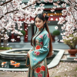 An elegant woman elegantly poised in a beautifully detailed Chinese costume, featuring vibrant colors and intricate patterns