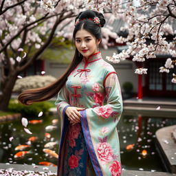 An elegant woman elegantly poised in a beautifully detailed Chinese costume, featuring vibrant colors and intricate patterns
