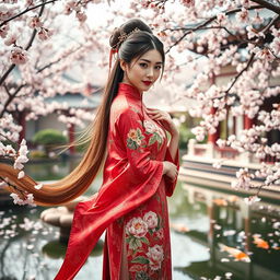 An elegant woman elegantly poised in a beautifully detailed Chinese costume, featuring vibrant colors and intricate patterns