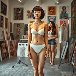 A photorealistic full body shot of a slim Asian lady with a bobcut hairstyle and short bangs