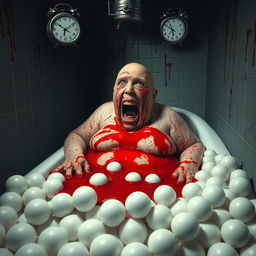 A nightmarish scene reminiscent of a horror movie, featuring a very fat, bald, and elderly woman with a horrific bloody face, sitting in a bathtub overflowing with bright red blood