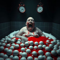 A nightmarish scene reminiscent of a horror movie, featuring a very fat, bald, and elderly woman with a horrific bloody face, sitting in a bathtub overflowing with bright red blood
