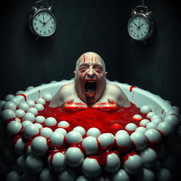A nightmarish scene reminiscent of a horror movie, featuring a very fat, bald, and elderly woman with a horrific bloody face, sitting in a bathtub overflowing with bright red blood