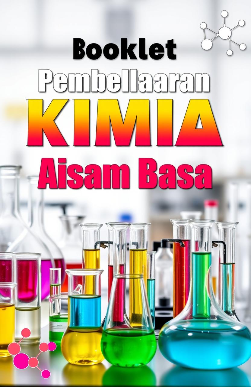 A book cover design for a title "Booklet Pembelajaran Kimia Asam Basa" featuring a laboratory theme