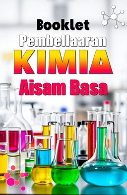 A book cover design for a title "Booklet Pembelajaran Kimia Asam Basa" featuring a laboratory theme