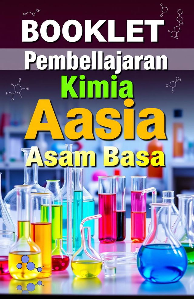 A book cover design for a title "Booklet Pembelajaran Kimia Asam Basa" featuring a laboratory theme