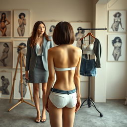 A photorealistic full body shot of a slim Asian lady with a bobcut hairstyle and short bangs, featuring a firm, very small bust and wearing a white bra and panties