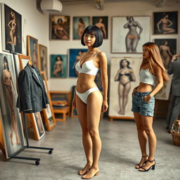 A photorealistic full body shot of a slim Asian lady with a bobcut hairstyle and short bangs, featuring a firm, very small bust and wearing a white bra and panties