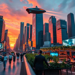 a futuristic cityscape at sunset, with towering skyscrapers made of glass and steel reflecting vibrant orange and pink hues in the sky