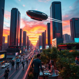 a futuristic cityscape at sunset, with towering skyscrapers made of glass and steel reflecting vibrant orange and pink hues in the sky