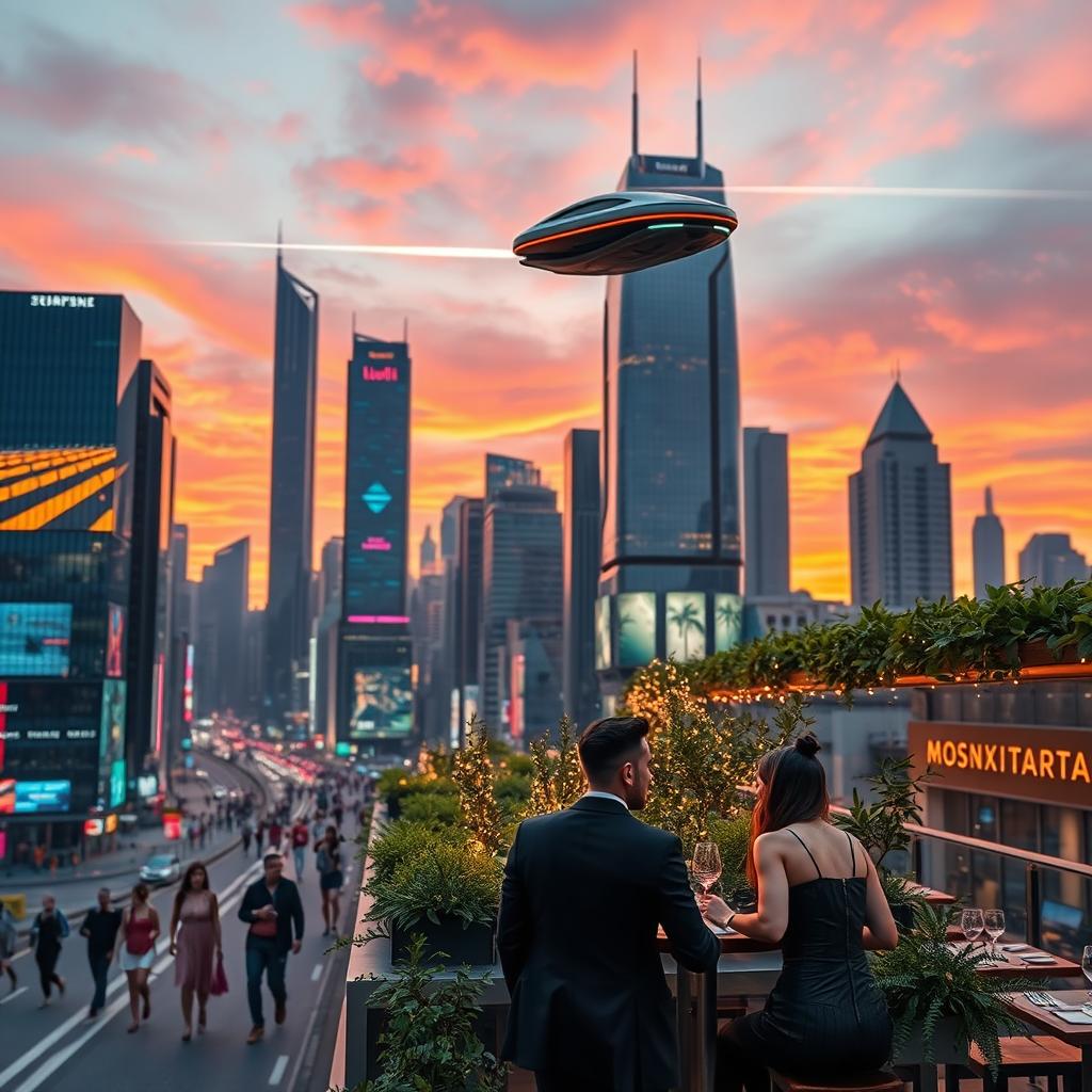 a futuristic cityscape at sunset, with towering skyscrapers made of glass and steel reflecting vibrant orange and pink hues in the sky