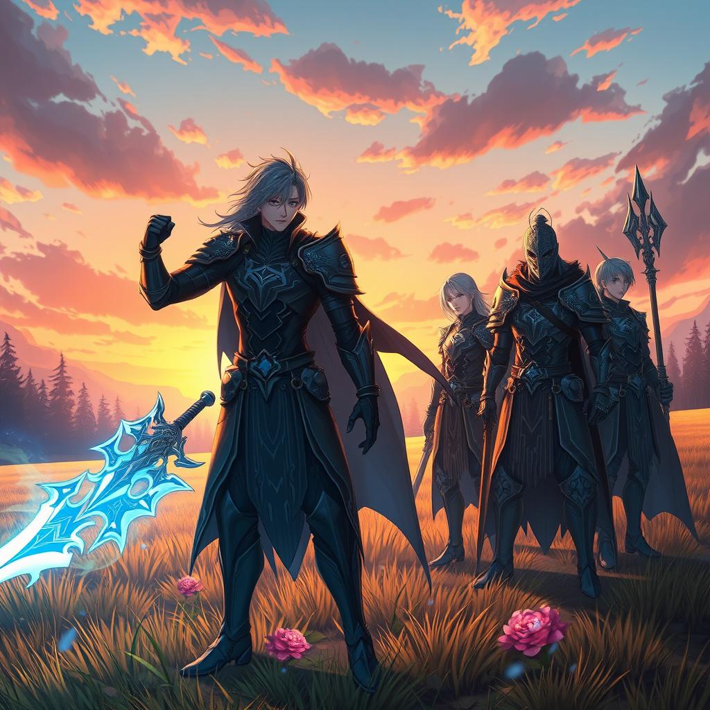 A fantasy scene featuring a character named Dwazzup, an adventurous hero inspired by the aesthetics of Kirito from Sword Art Online