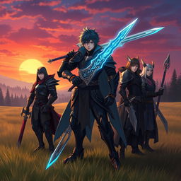 A fantasy scene featuring a character named Dwazzup, an adventurous hero inspired by the aesthetics of Kirito from Sword Art Online