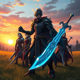 A fantasy scene featuring a character named Dwazzup, an adventurous hero inspired by the aesthetics of Kirito from Sword Art Online