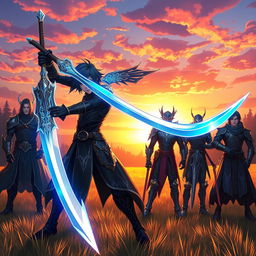 A fantasy scene featuring a character named Dwazzup, an adventurous hero inspired by the aesthetics of Kirito from Sword Art Online
