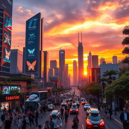 A futuristic city skyline at sunset, showcasing sleek skyscrapers with holographic advertisements and vibrant neon lights reflecting off the glass surfaces