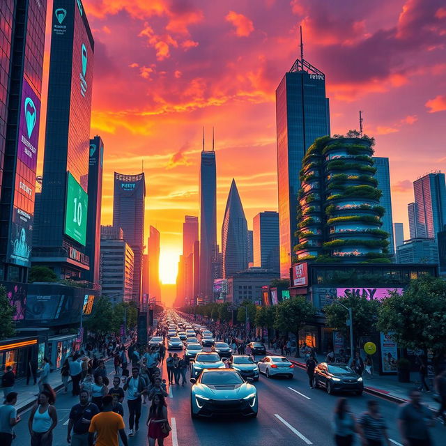 A futuristic city skyline at sunset, showcasing sleek skyscrapers with holographic advertisements and vibrant neon lights reflecting off the glass surfaces