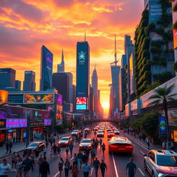 A futuristic city skyline at sunset, showcasing sleek skyscrapers with holographic advertisements and vibrant neon lights reflecting off the glass surfaces