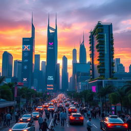 A futuristic city skyline at sunset, showcasing sleek skyscrapers with holographic advertisements and vibrant neon lights reflecting off the glass surfaces