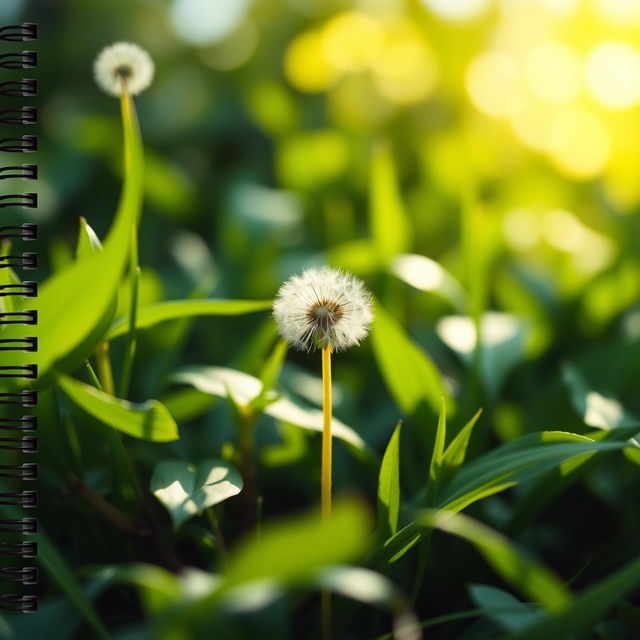 A horizontal cover design for a notebook, featuring a small dandelion in a natural setting