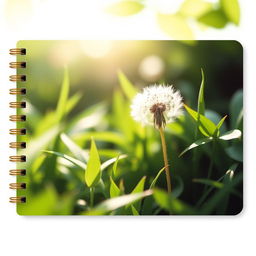 A horizontal cover design for a notebook, featuring a small dandelion in a natural setting