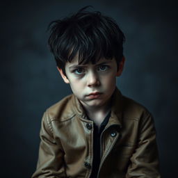 A portrait of a young boy sitting alone with an expression of intense confusion and sadness