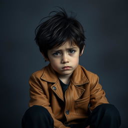 A portrait of a young boy sitting alone with an expression of intense confusion and sadness