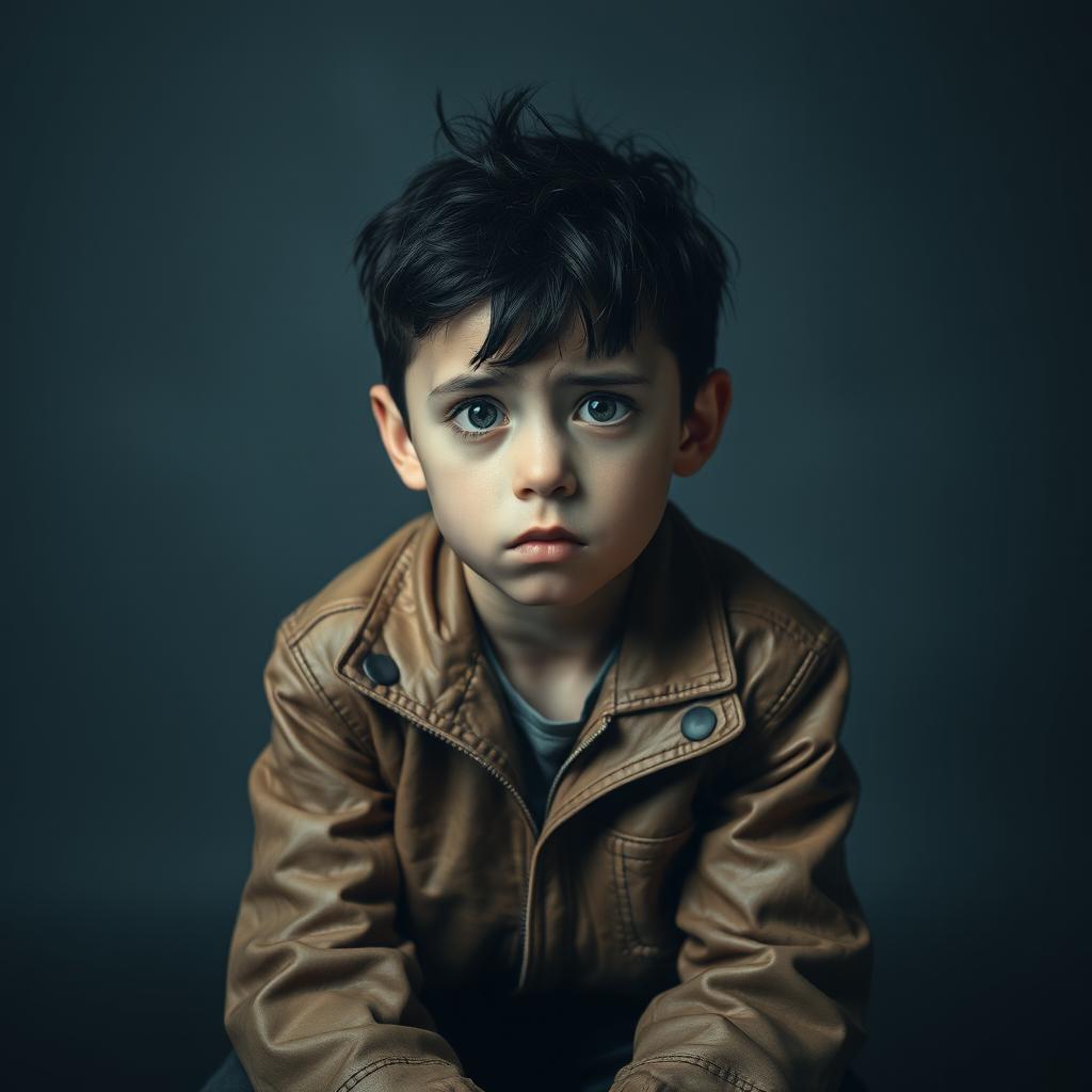 A portrait of a young boy sitting alone with an expression of intense confusion and sadness