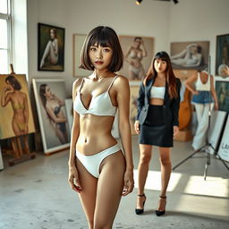 A photorealistic, full body shot of a slim Asian lady with a bobcut hairstyle featuring short bangs and a delicate demeanor