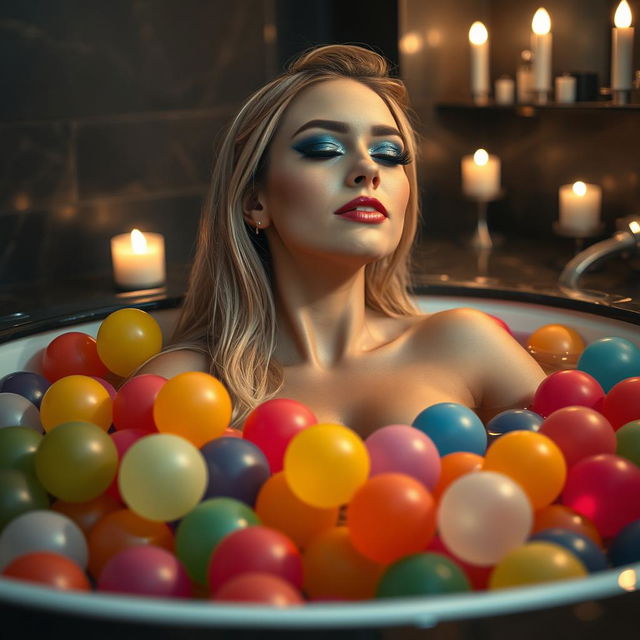 A beautiful 18 year old woman with a sexy, sweet, thin face and curvy figure is lying in a large jacuzzi filled with hundreds of multi-colored water balloons up to her neck