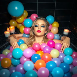 A beautiful 18 year old woman with a sexy, sweet, thin face and curvy figure is lying in a large jacuzzi filled with hundreds of multi-colored water balloons up to her neck