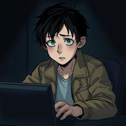 A hauntingly emotional illustration depicting a boy sitting at a computer in a dimly lit room