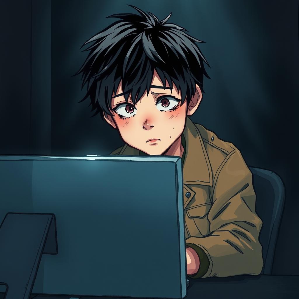 A hauntingly emotional illustration depicting a boy sitting at a computer in a dimly lit room