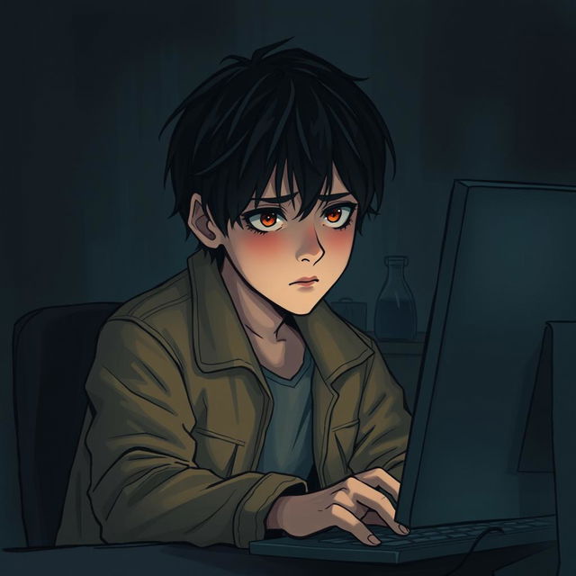 A hauntingly emotional illustration depicting a boy sitting at a computer in a dimly lit room