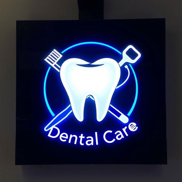 A sleek and modern dental logo designed for an LED sign, featuring a stylized tooth silhouette at the center