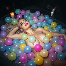 A stunning 18 year old woman with a sexy, sweet, thin face and a curvy, sensuous body is lying nude in a large jacuzzi, filled to the brim with hundreds of vibrant multi-colored water balloons, covering her neck and soft round perky breasts