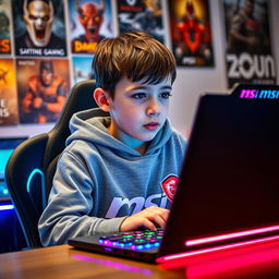 A young boy wearing an MSI branded hoodie, sitting in front of a gaming setup with LED lights, immersed in a video game